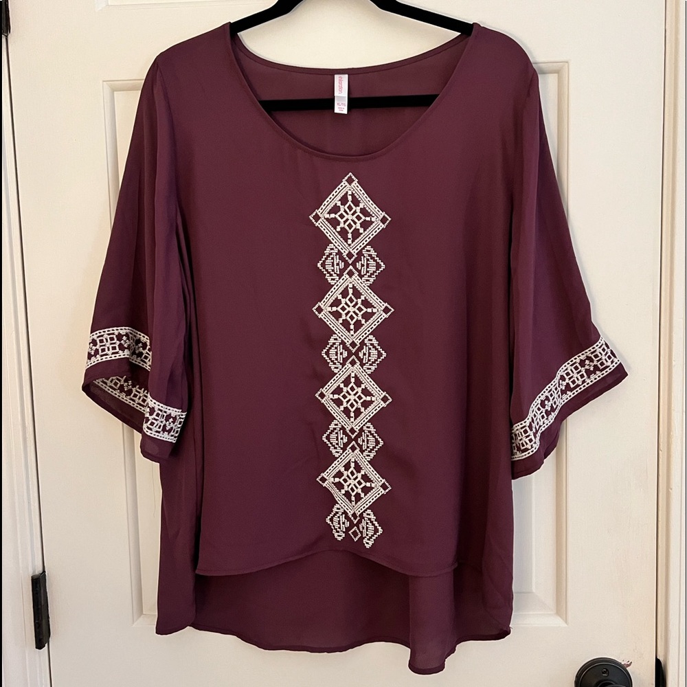 Xhilaration Plum Blouse with White Embroidered Trim
